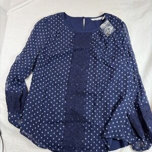 Isaac Mizrahi Live!Long Sleeve Size 12 Blue With Print Sheer Lined Lace Accents